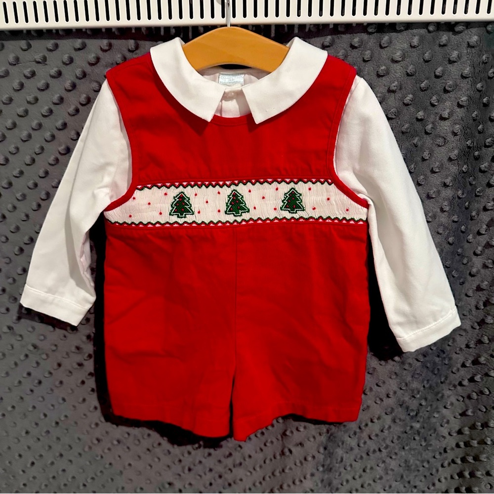 Edgehill Collection Boys Red Corduroy Smocked Christmas 2 piece Romper Outfit